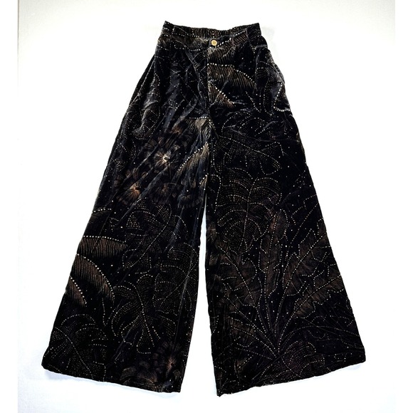 Farm Rio Anthropologie Velvet Wide Leg Pants Sz XS Black Gold Sparkle Designer - Picture 5 of 16